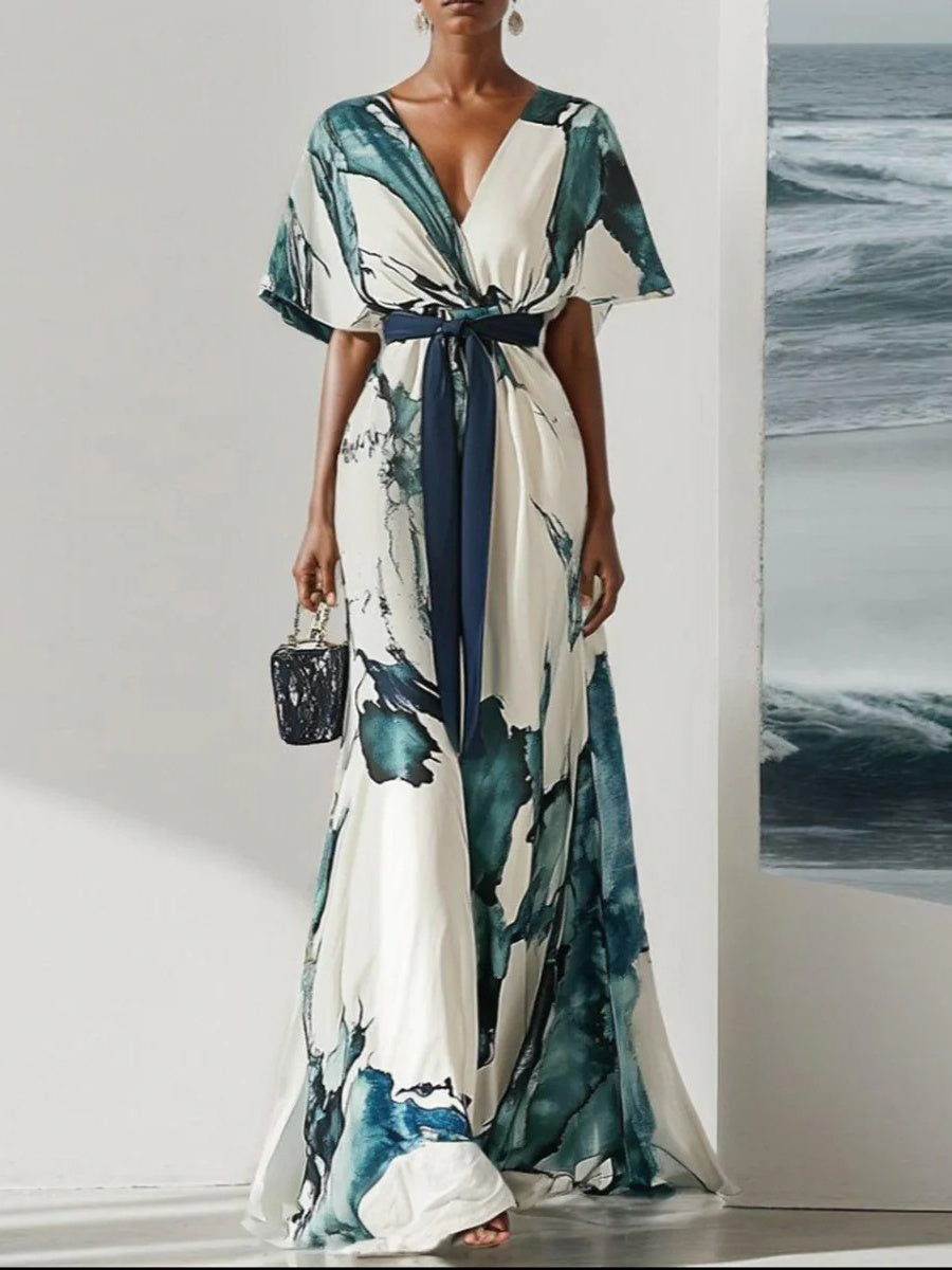 V-neck Digital Printing Thin Rope Short-sleeved Long Dress