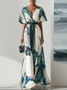 V-neck Digital Printing Thin Rope Short-sleeved Long Dress