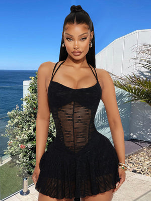 Mesh Splicing Perspective Halter Neck And Backless Pleated Mini&Short Dresses