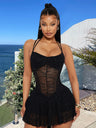 Mesh Splicing Perspective Halter Neck And Backless Pleated Mini&Short Dresses