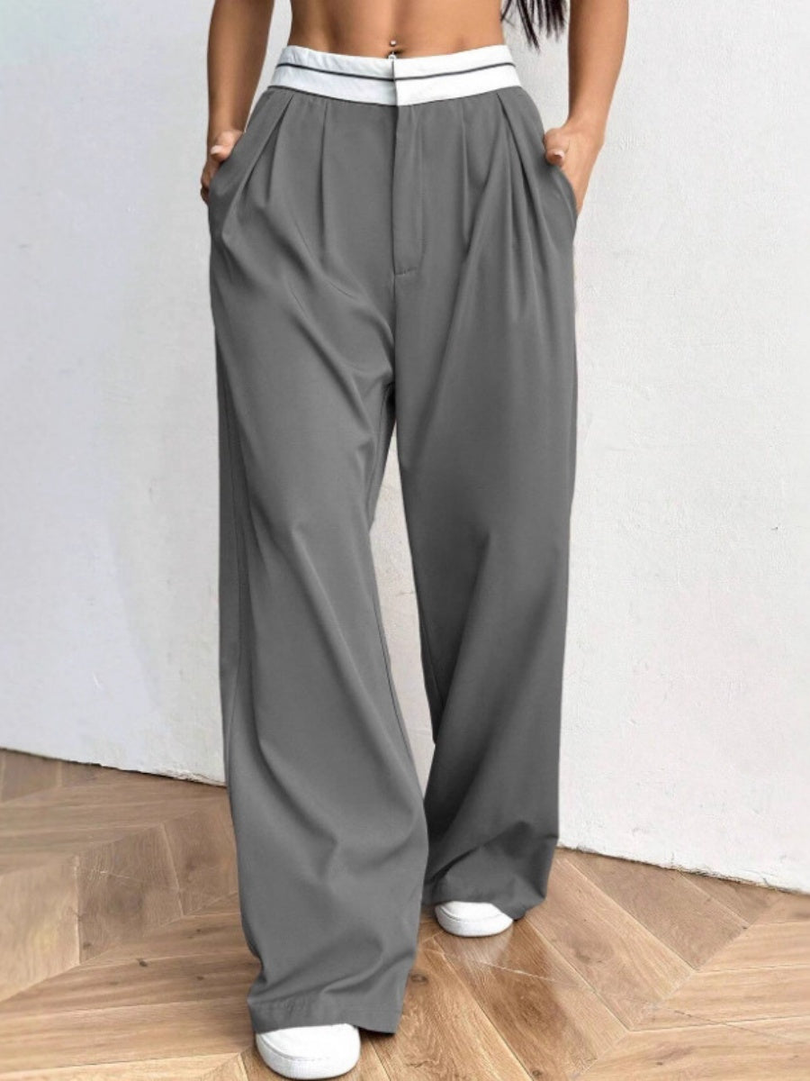 Color-blocked Belted Wide-leg Suit Trousers