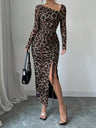 Long-sleeved, Slim-fit Leopard Print Drawstring Bodycon Top Mini&Short Dresses