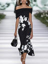 Ruffle Floral Print Sloping Shoulders Short-sleeved Midi Dress