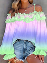 Off-shoulder Color-blocked Gradient Lace T-shirt