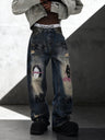 Face Graffiti Loose-fit Distressed Washed Fake Hole Jeans