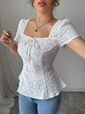 Lace Bow Tie Square Neck Short Sleeve T-shirts