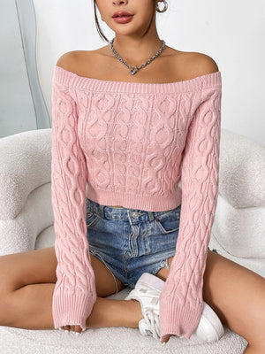 Liber Women's tops sweater round neck navel-baring one-shoulder short cable knit spring pullover