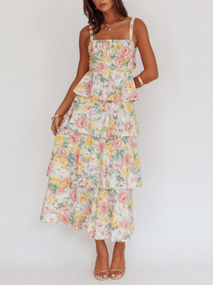 Floral Print Pleats On Suspenders Maxi Dresses