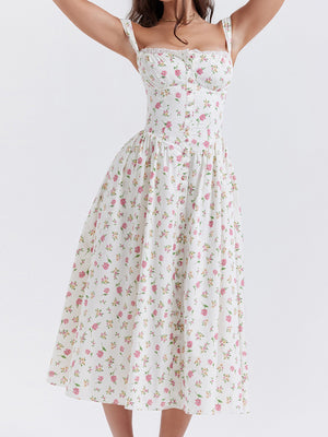 Floral Lace Trim Square Neck Suspenders Sweet Ribbon Maxi Dresses