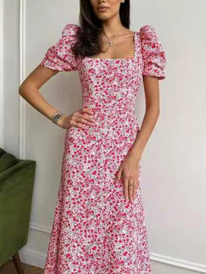 Floral Print Square Neckline And Puff Sleeves Maxi Dresses
