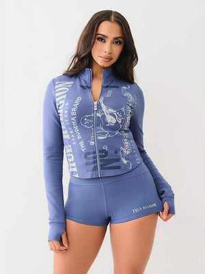 Printed Slim-fit Shorts Long-sleeved Zip-up Top 2-piece Sets