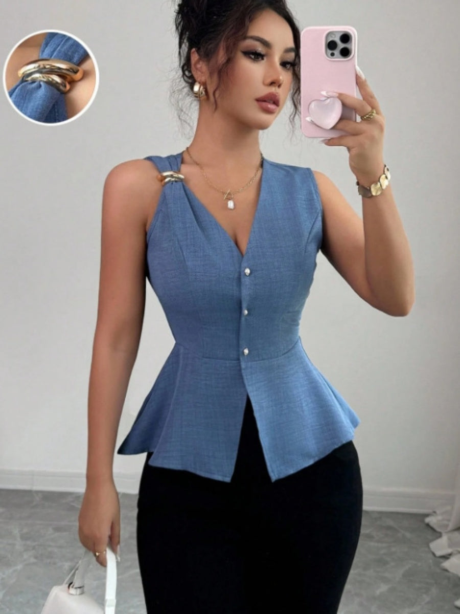 Metal Buckle Design V-neck Sleeveless Fitted Waist Vest