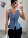 Metal Buckle Design V-neck Sleeveless Fitted Waist Vest
