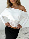 Splicing Lace Off Shoulder Long Sleeve Batwing Sleeves T-shirts