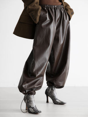 Drawstring Ankle Lantern Pants Loose Leather Pants PU Leather Trousers