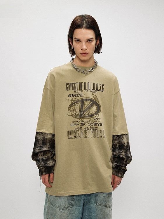 Fake Two Pieces Camouflage Splicing Maillard Style Loose Crew Neck T-shirt