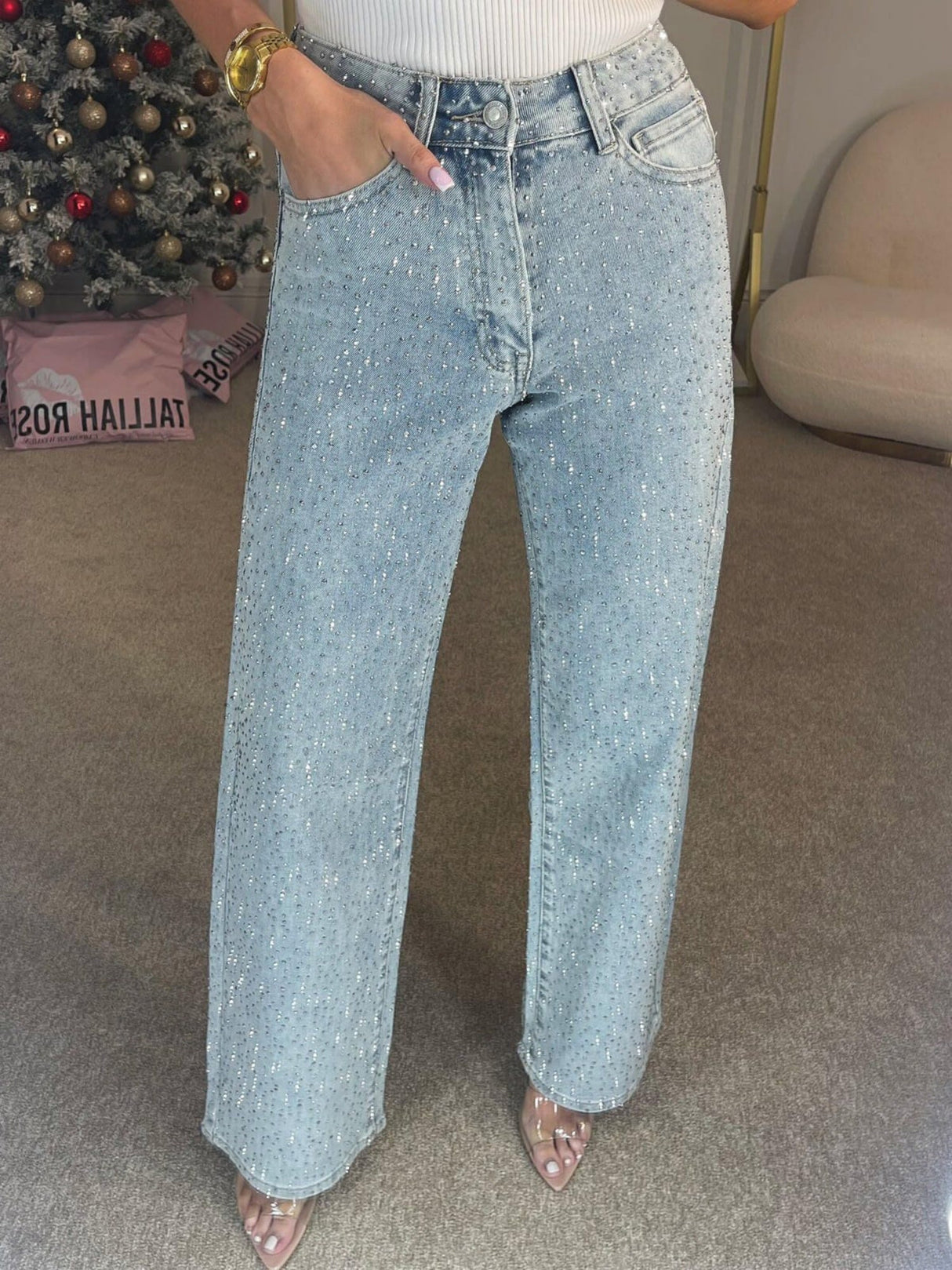 Y2k Rhinestone-studded High-waisted Straight Leg Jeans
