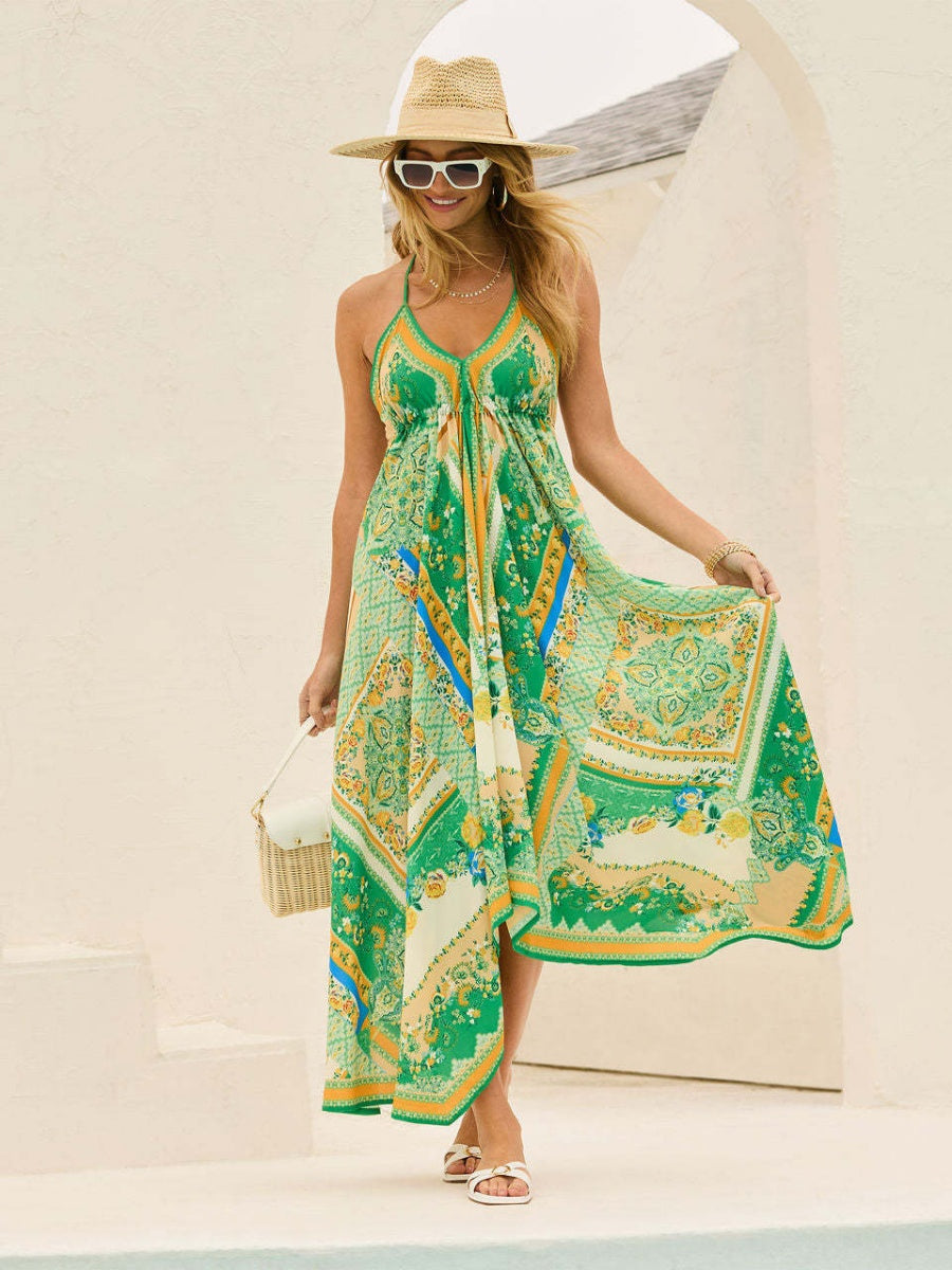 Ethnic-style Printed Off-shoulder V-neck Spaghetti Strap Long Dress