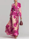 Floral Chiffon Long-sleeved V-neck Tie-waist Maxi Dress