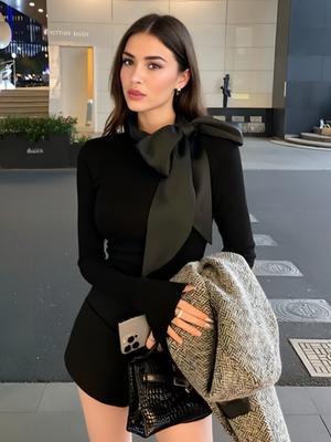 Black Big Bow Ribbon Long-sleeved Base Layer Fitted Top