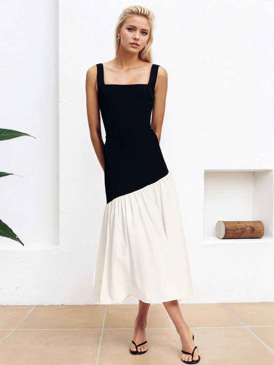 French Commuting Sleeveless One-shoulder Collar Black And White Color Blocking Maxi Dresses