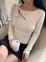 Wool Shoulder Strap Bow Openwork Asymmetrical Neck Long-sleeved Sweater