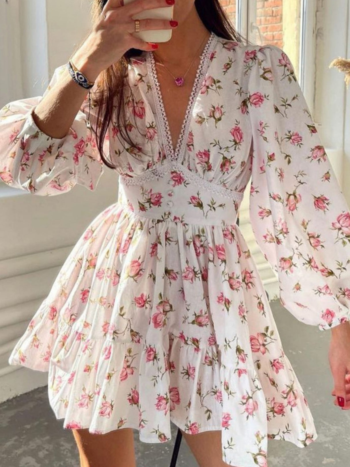 Floral Lace Deep V-neck Waist Puff Sleeve Sweet Mini&Short Dresses