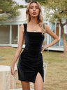 Velvet Slit Square Collar Hip Mini&Short Dresses