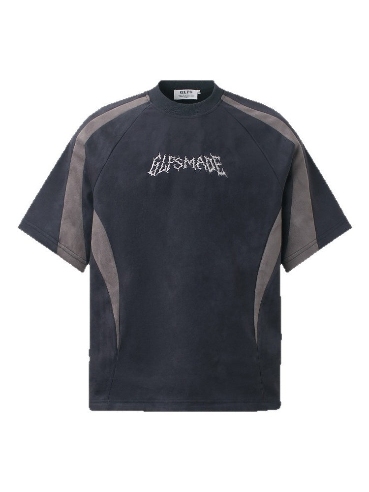 Suede Locomotive Machete Patchwork Embroidery T-shirt