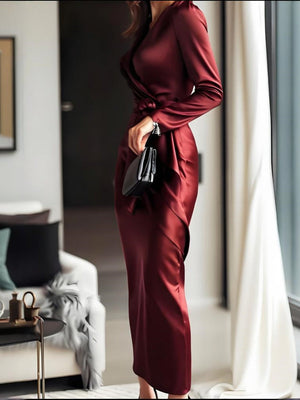 Long-sleeved V-neck Wrap Style Satin Waist Cinching With Straps Elegant And Formal Evening Wear: Midi Dress