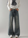 Retro Washing Cat Whisker Pattern Loose Slightly Flared Jeans