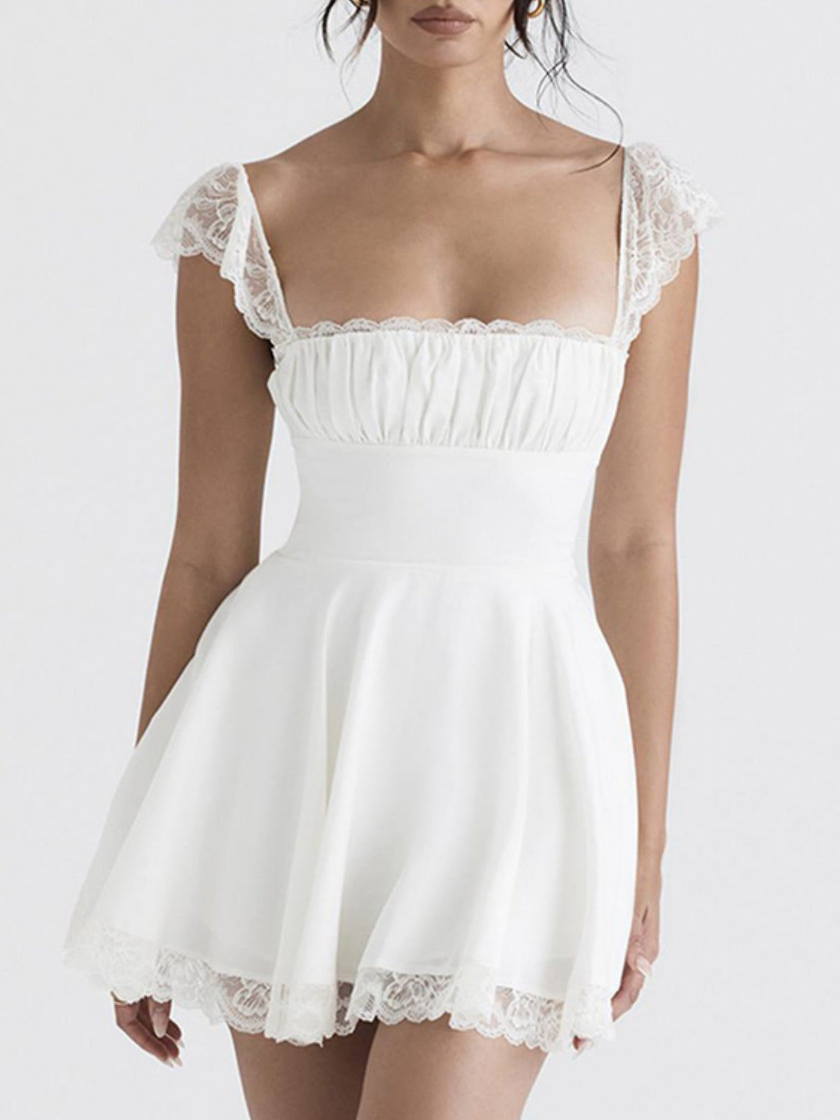 Lace Trim Square Neck Suspenders Slim-fit Backless Sweet Mini&Short Dresses