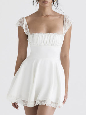 Lace Trim Square Neck Suspenders Slim-fit Backless Sweet Mini&Short Dresses