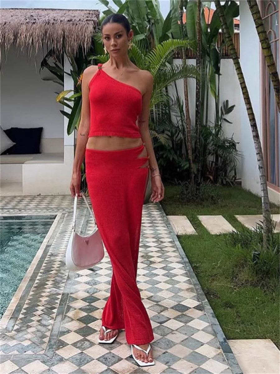 Liber Summer Women's Navel Solid Color 2-piece Sets