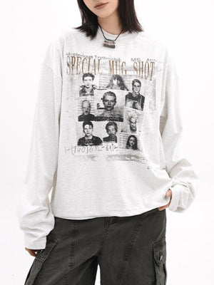 Letter Printed Flower Gray Long-sleeved T-shirt