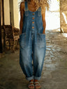 Retro Distressed Loose-fitting Adjustable Buckle Casual Denim Jumpsuit