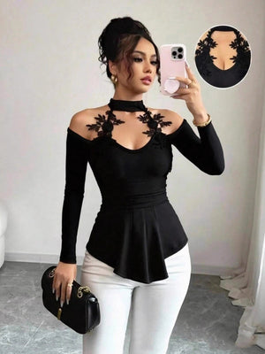 Black Halter Neck Style Off-shoulder Lace Decoration Ruffled Hem Waist Elegant Party Outfit T-shirt