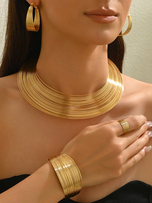 Multilayer Metal Geometric Lines Necklace And Earrings Bracelet Jewelry Sets