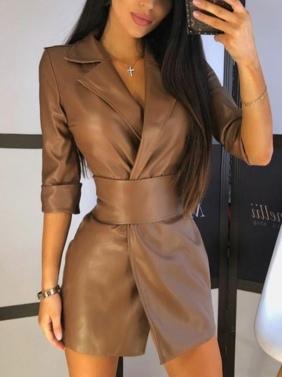 PU Leather Suit Collar Mid-length Sleeves Mini&Short Dresses With Belt