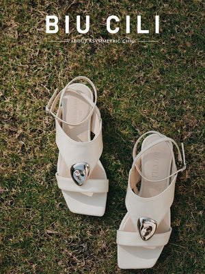 BIUCILI Original Design "Slow Time" French Minimalist Flat Lace-up Open-toe Low-heeled Sandals For Women