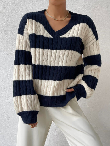 Stripes V-neck Color Matching Knitted Sweater