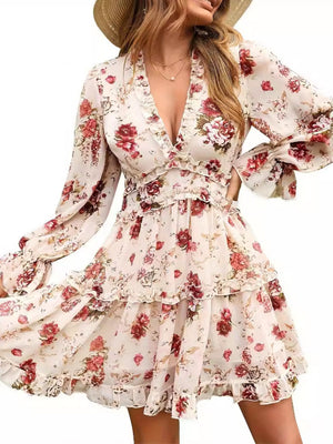 Floral Lace Deep V-neck Waist Puff Sleeve Sweet Mini&Short Dresses