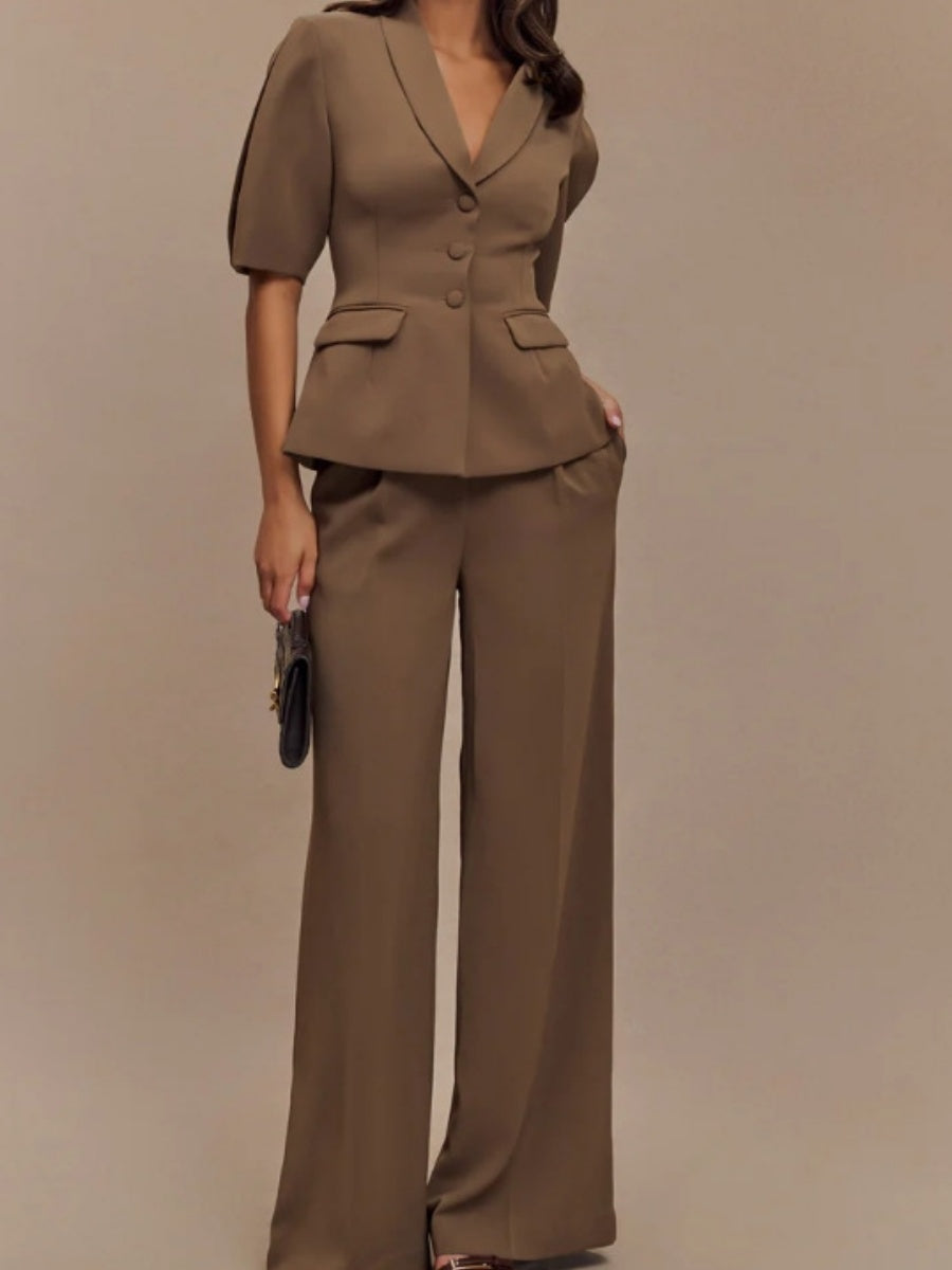 Brown Pleats Short-sleeved Suit Trousers 2-piece Sets