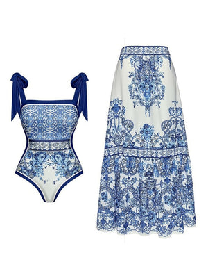 Blue And White Porcelain Print Bow Tie One-piece Swimsuit Sun Protection Long Dress Two-piece Set