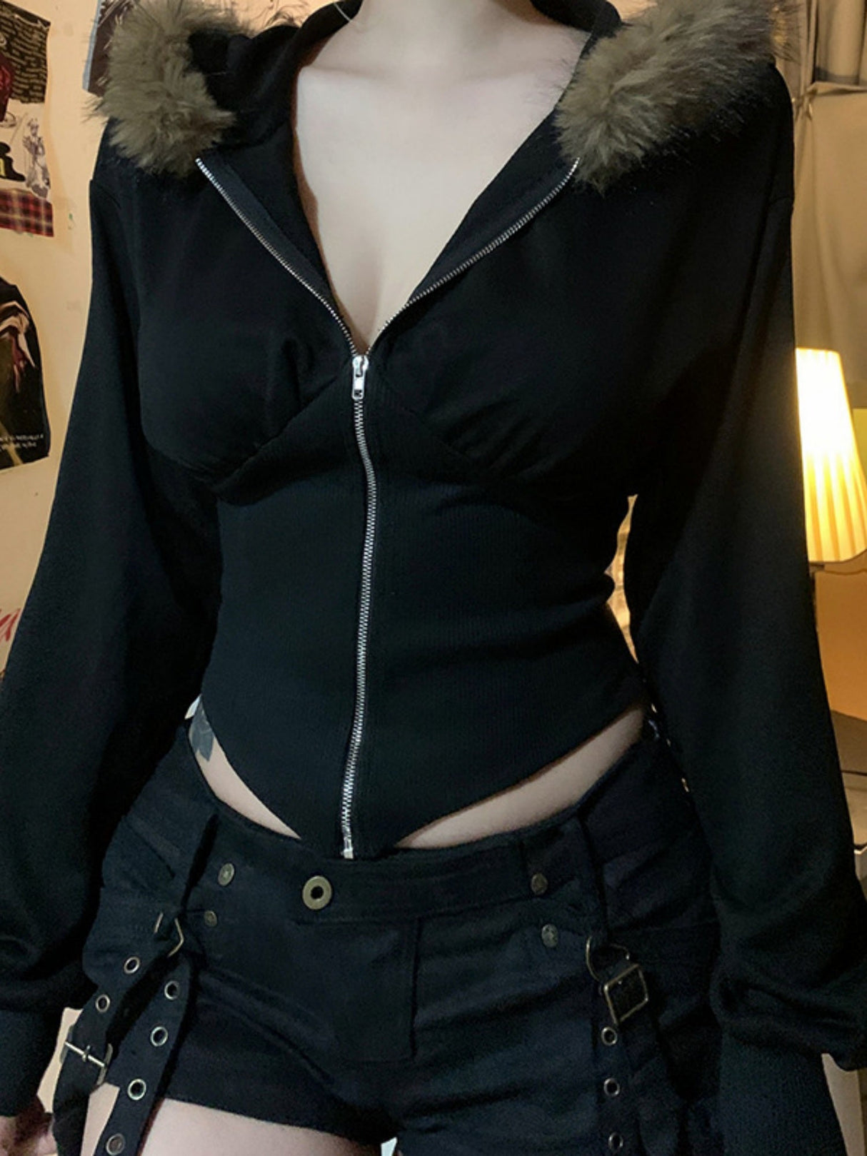 Waist Shaping Plush Patchwork Hoodies Zipper Jackets