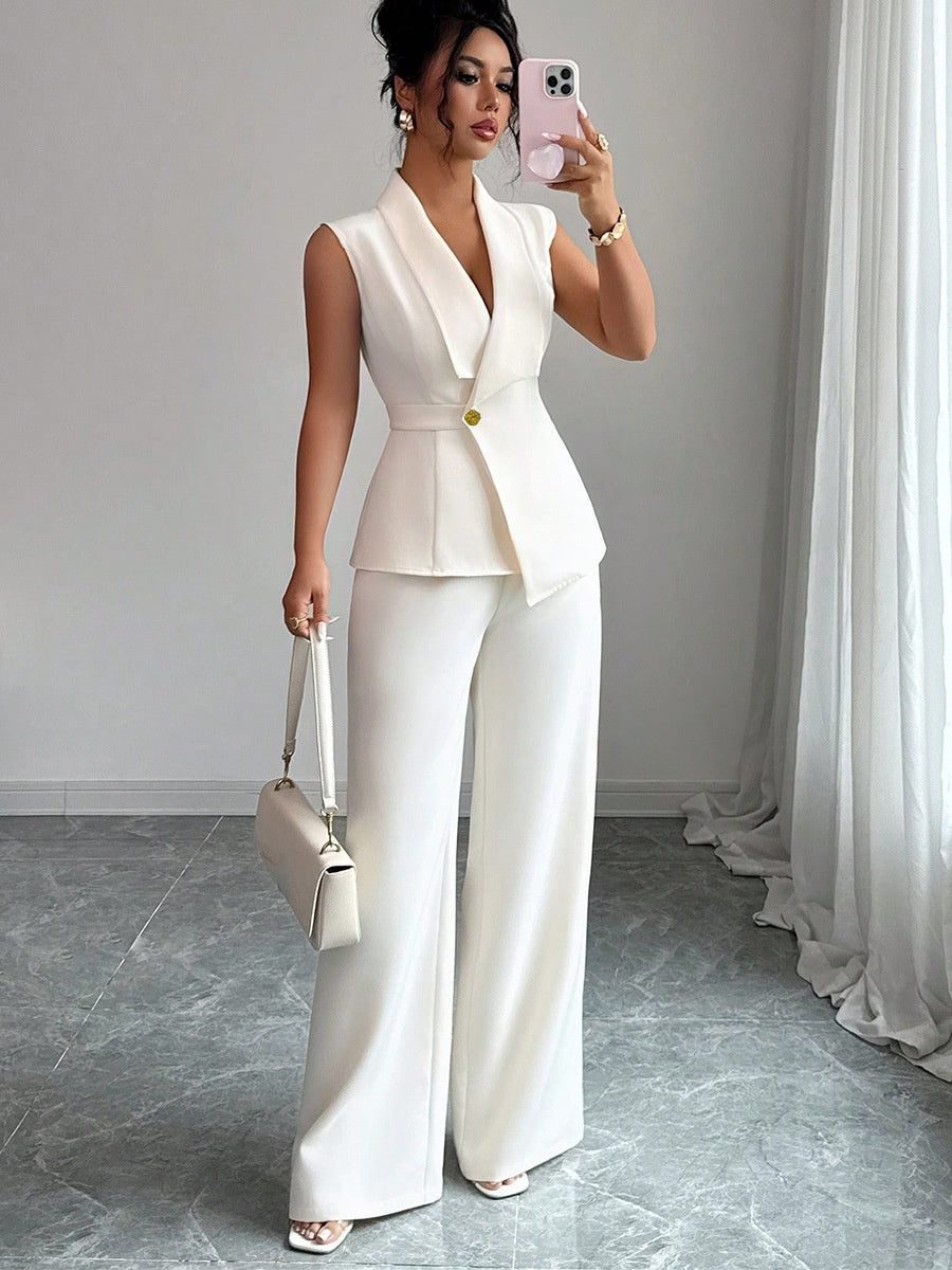 Buttons White V-neck Tank Tops Suit Trousers 2-piece Sets