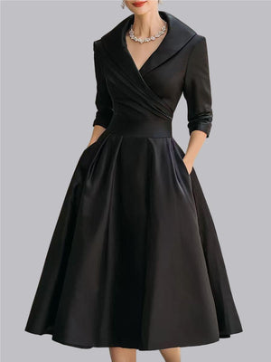 Long Sleeve Wrap-up Big Swing Solid Color Midi Dresses