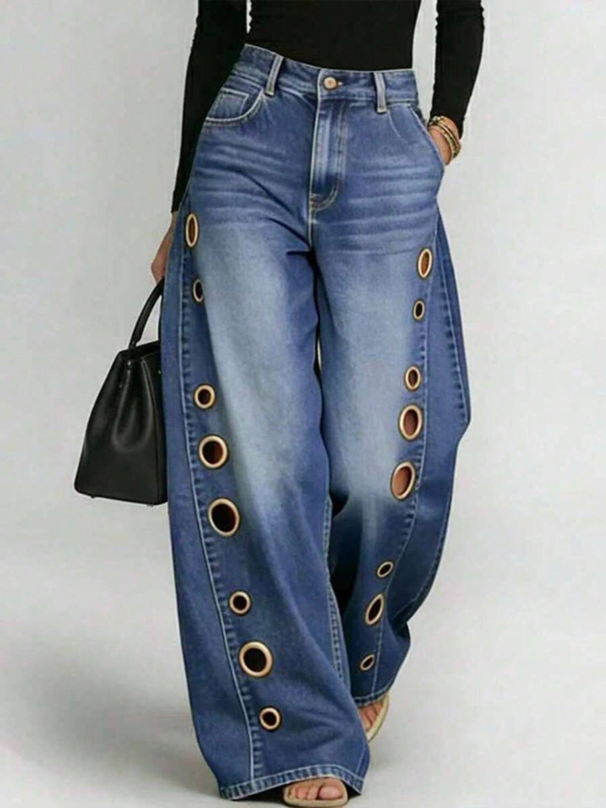 High-waisted, Loose-fitting Jeans With Metal Perforations