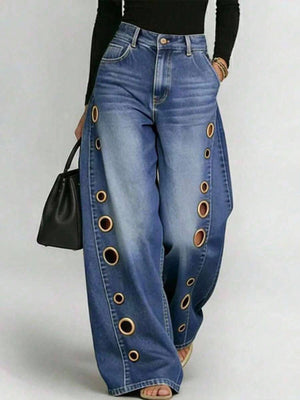 High-waisted, Loose-fitting Jeans With Metal Perforations