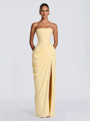 Asymmetrical Pleated Sexy High-slit Strapless Pleated Long Dress